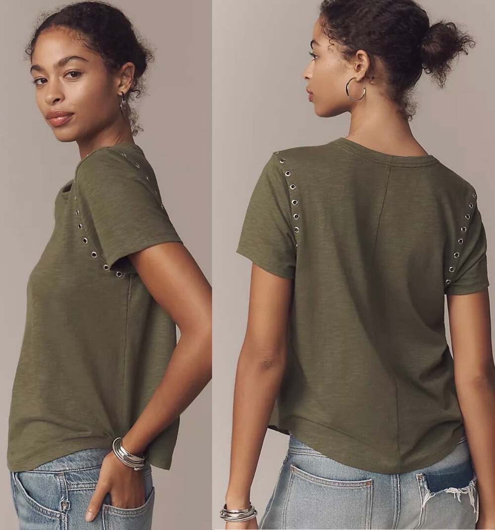 NWT Anthropologie The Bennie Cotton Slub Crew-Neck Grommet Tee Pilcro Womens XS